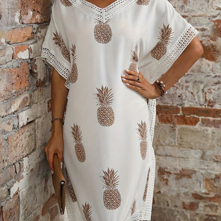 Contrast Lace Pineapple Print Dress, Casual V Neck Short Sleeve Dress, Women's Clothing