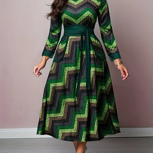 Abstract Print Midi Dress, Elegant Crew Neck Long Sleeve Random Printing Dress, Women's Clothing