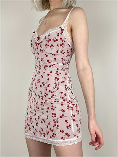 Cherry Print V Neck Cami Dress, Contrast Lace Sleeveless Lace Strap Ress, Women's Clothing For Coquette/Cute/Y2K Style