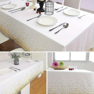 1pc White Plastic Tablecloth, 137.16cm X 274.32cm, Golden Dot Disposable Tablecloths, Plastic Tablecloth, White Tablecloths, Plastic Table Cover, Golden Tablecloths, Party Decorations For Restaurant