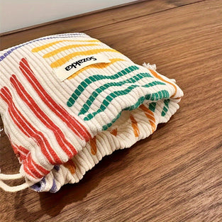 Multifunctional Drawstring Makeup Bag, Colorful Striped Storage Bag, Aesthetic Corduroy Coin Purse