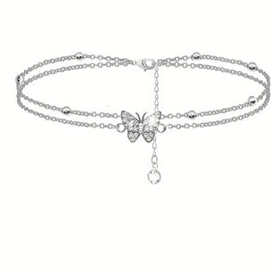 Sparkly Butterfly Double Layers Chain Anklet Versatile Summer Beach Ankle Bracelet White Wedding Foot Ornament