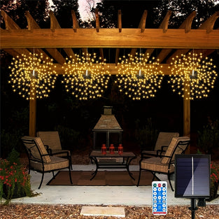 1pc 480 LED Solar Starburst Sphere Lights, Firework Lights With Remote Control Timer 8 Lighting Modes, Dimmable Waterproof Hanging Fairy Light, Copper Wire Sparkly Lights For Patio Party Tent, Halloween & Christmas Decorations