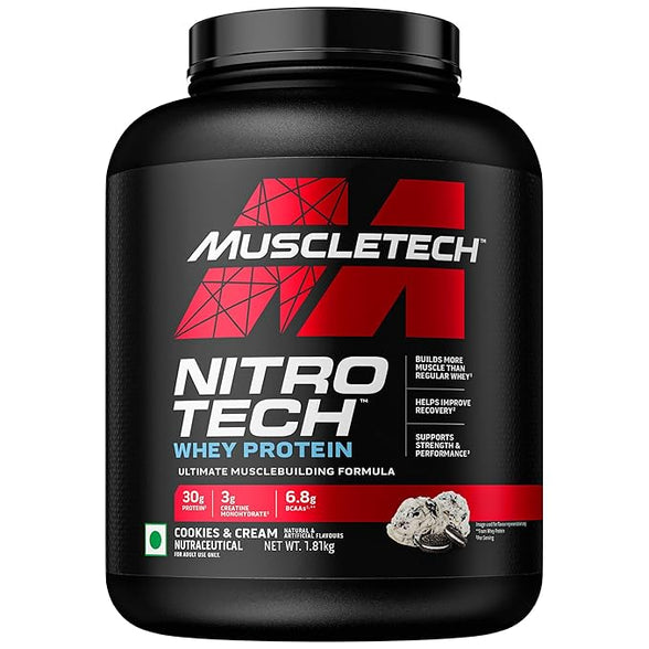 MuscleTech Nitro Tech Whey Protein 1.81kg 4lbs Cookies And Cream 30g Protein 3g Creatine Monohydrate 6.7g BCAA Ultimate Muscle Building Formula Increase Strength And Performance