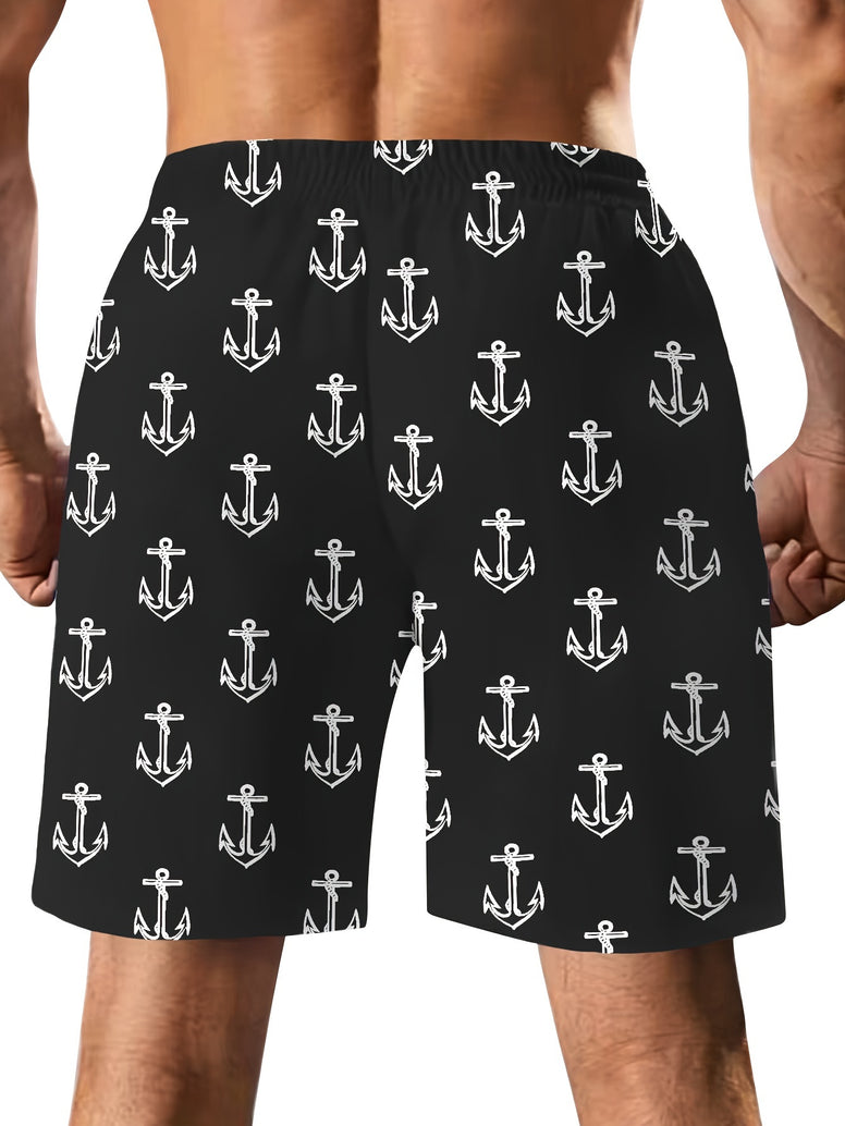 Men's Trendy Hawaiian Anchor Print Swim Shorts for Summer Fun