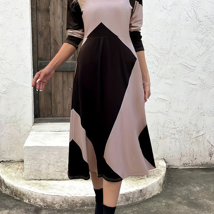 Color Block Long Sleeve Dress, Casual Crew Neck Midi Length Dress, Women's Clothing