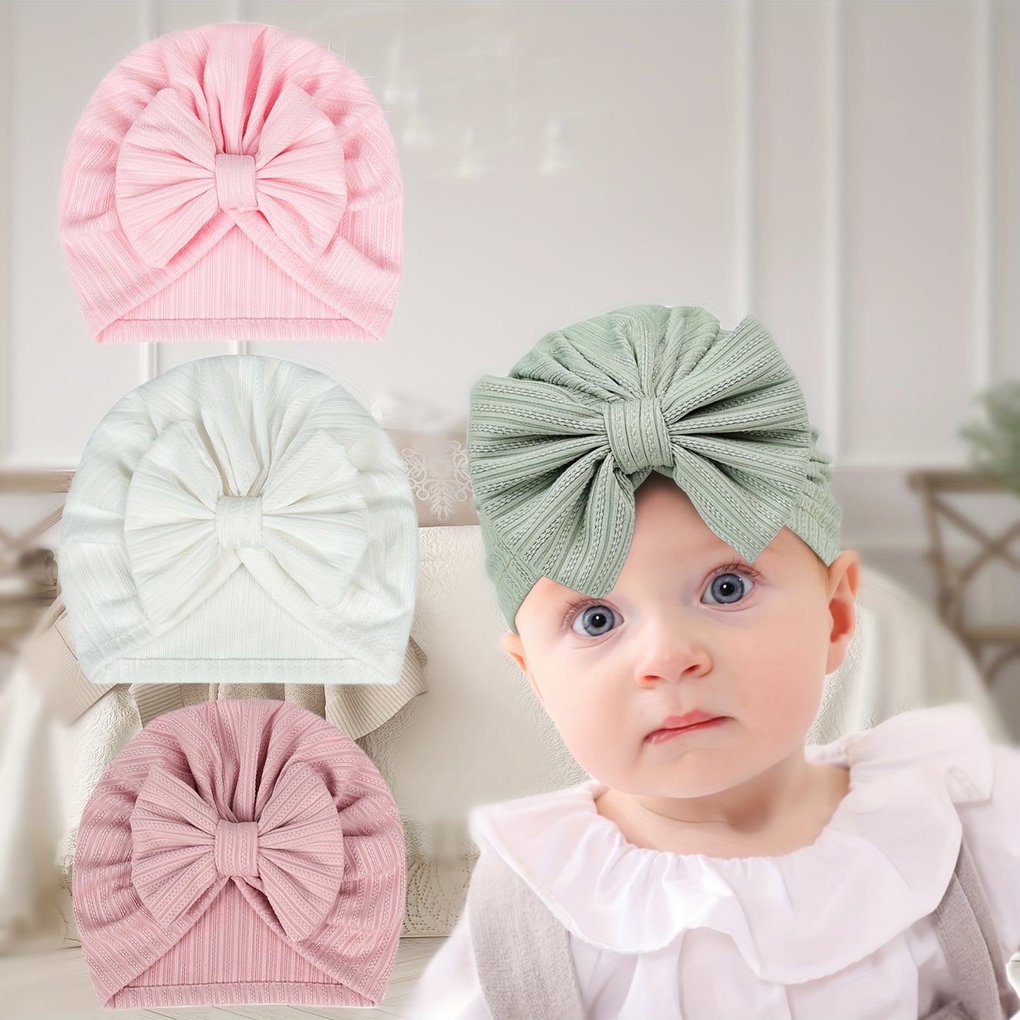 3PCS Four-Sided Elastic Baby Plain Color Hats with Bowknot for Baby Girls - Cute and Stylish Accessories