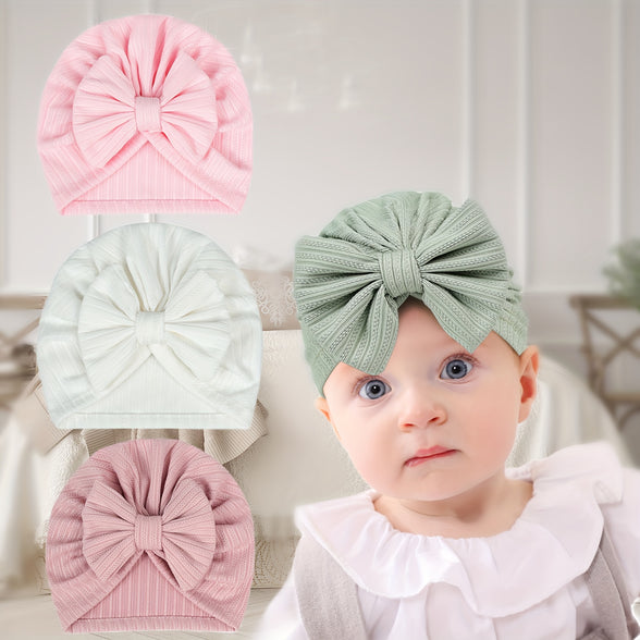 3PCS Four-Sided Elastic Baby Plain Color Hats with Bowknot for Baby Girls - Cute and Stylish Accessories