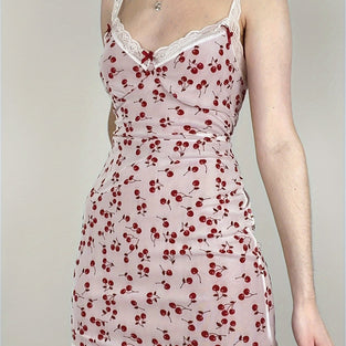 Cherry Print V Neck Cami Dress, Contrast Lace Sleeveless Lace Strap Ress, Women's Clothing For Coquette/Cute/Y2K Style