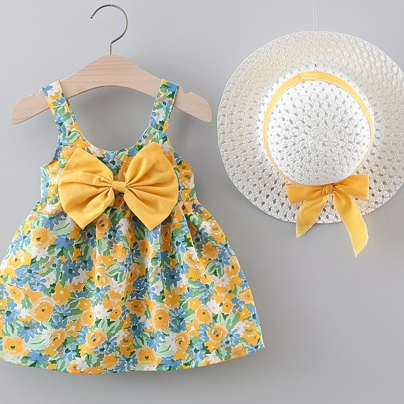 Sweet Baby Girls Flower Print Puffy Cami Dress with Bow Hat - Perfect for Beach Holidays!