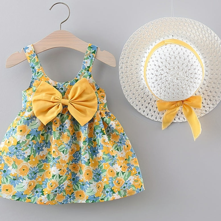 Sweet Baby Girls Flower Print Puffy Cami Dress with Bow Hat - Perfect for Beach Holidays!