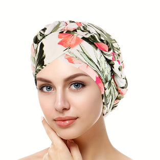 Elegant Flower Print Turban Hat Boho Braid Head Wraps Lightweight Elastic Beanies Headscarf For Women