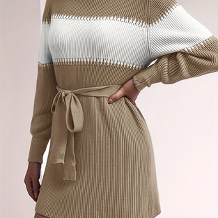 Colorblock Striped Knitted Mock Neck Dress, Casual Long Sleeve Belted Dress, Women's Clothing