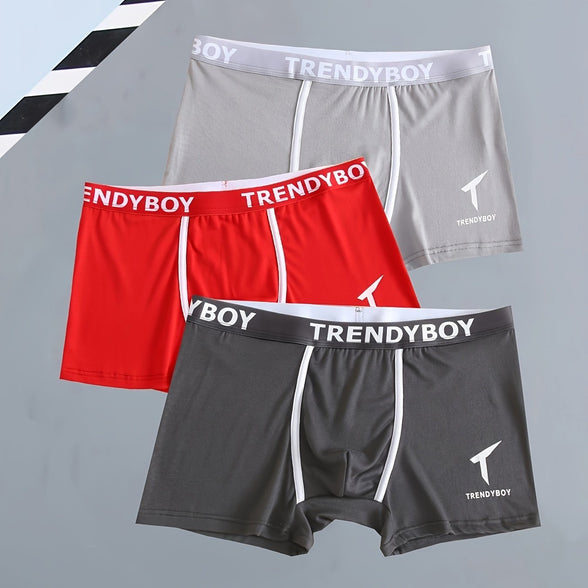 3PCS Men's Cotton Solid Color Comfortable Boxer Briefs - Fashion Letter Print, Sports Breathable Men's Underwear