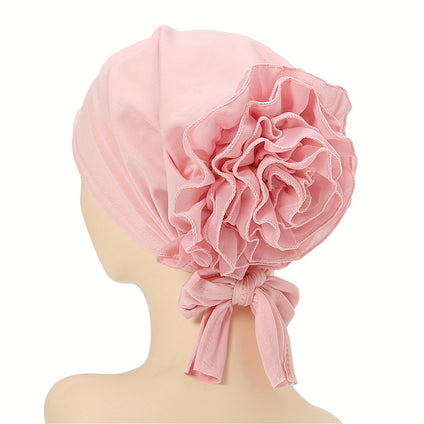 Chiffon Plate Flower Turban Hat Elegant Solid Color Head Wraps Elastic Head Scarf Hijab Beanies Chemo Cap For Women