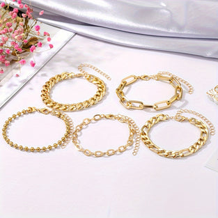 5Piece Vintage Cuban Chain Bracelet Set with Punk Style