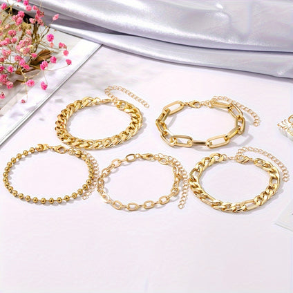 5Piece Vintage Cuban Chain Bracelet Set with Punk Style