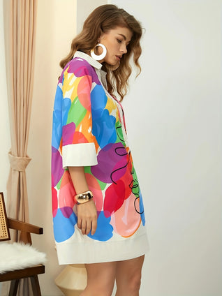 Graphic Print V Neck Dress, Elegant 3/4 Sleeve Dress For Spring & Summer, Women's Clothing