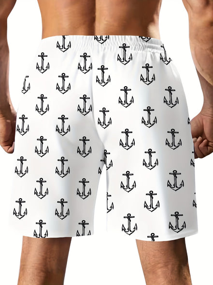 Men's Trendy Hawaiian Anchor Print Swim Shorts for Summer Fun