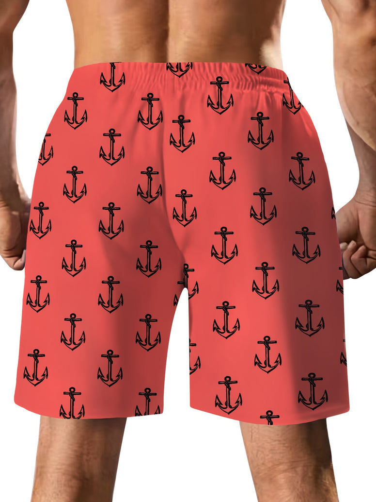 Men's Trendy Hawaiian Anchor Print Swim Shorts for Summer Fun