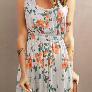 Graphic Print Button Front Dress, Casual Sleeveless Ruched Dress, Women's Clothing