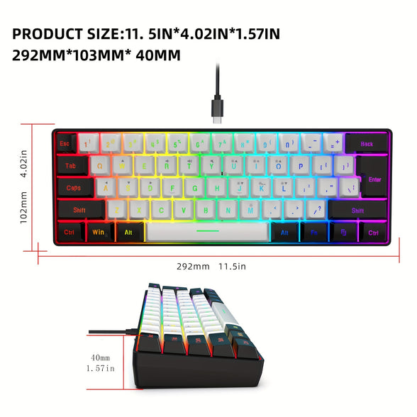 Ultra-Compact 61-Key Membrane Gaming Keyboard with RGB Backlit - Perfect for PC Gamers and Typists