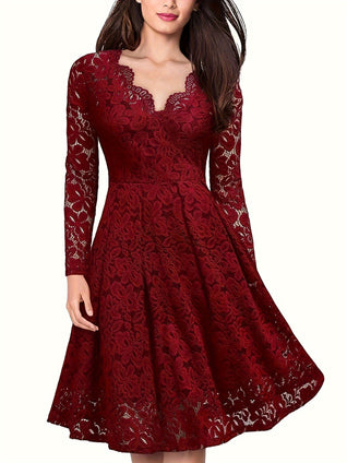 Contrast Lace A-line Solid Dress, Elegant Long Sleeve Dress For Party & Banquet, Women's Clothing