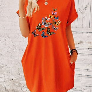 Butterfly Print Crew Neck Dress, Casual Short Sleeve Pocket Dress For Spring & Summer, Women's Clothing