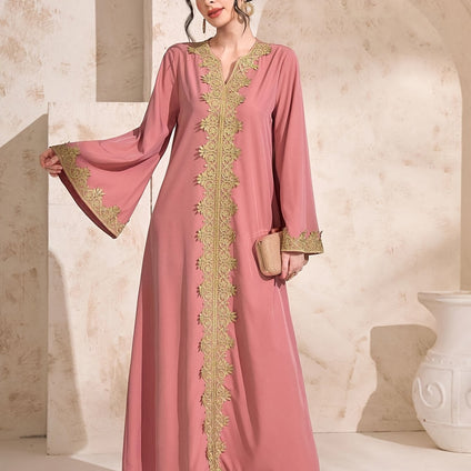 Ramadan Contrast Trim Notched Neck Kaftan Dress, Elegant Flare Sleeve Maxi Length Dress, Women's Clothing