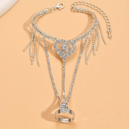 Silver Plated Glitter Full Rhinestones Heart Tassel Inlaid Zircon Ring Bracelet Integrated Chain