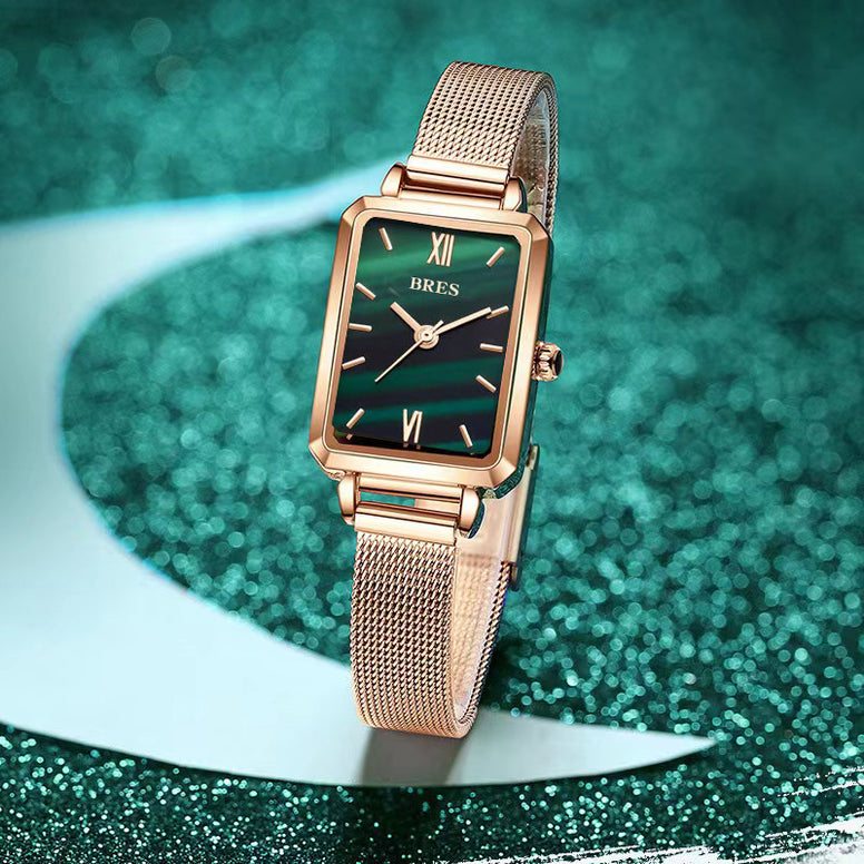 Golden Green Stone Vintage Women's Watch: Classic Bling for Fashion Ladies