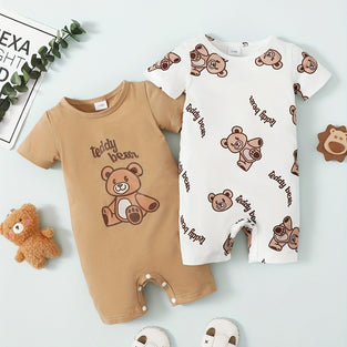 Cute Bear Graphic Print Short Sleeve Romper Set for Baby Boys and Girls