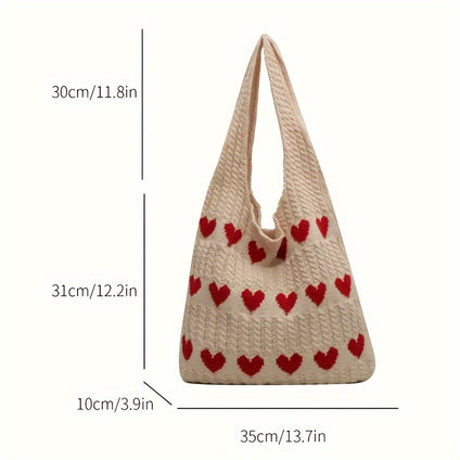 1pc, Love Heart Pattern Tote Bag, Aesthetic Knitted Shoulder Bag, FashionCrochet Bag For Women, Valentine's Day Gift, Large Tote Top Handle Shoulder Bags, Shopping Travel Work Reusable Portable Tote Bag, Party Supplies, Holiday Supplies