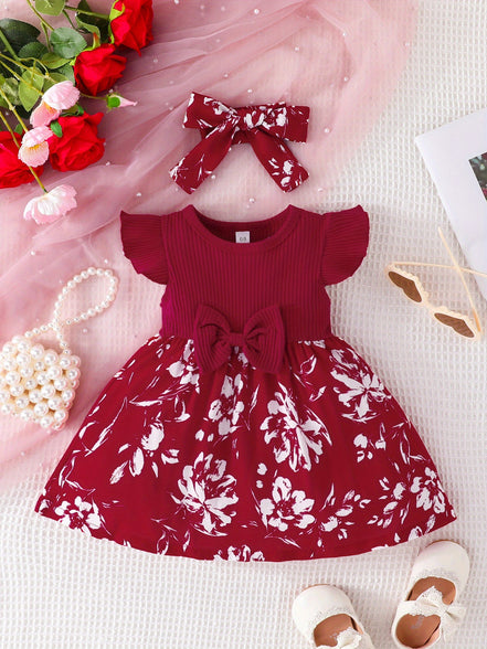 Blossoming Beauty: 2pcs Baby Girls Casual Floral & Bowknot Fly Sleeve Dress Headband Set