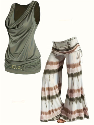 Casual Two-piece Set, Cowl Neck Vest & Tie Dye Wide Leg Pants Outfits, Women's Clothing