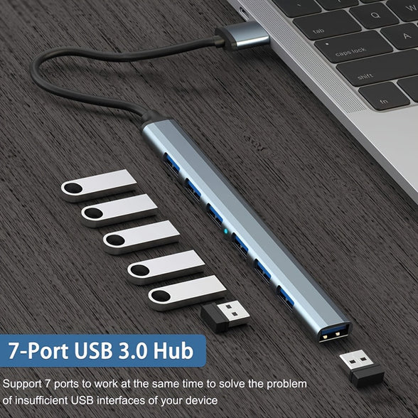 موزع USB 3.0 بـ 7 منافذ هيكل من سبائك الألومنيوم موزع متعدد لأجهزة اللابتوب والأجهزة اللوحية وأجهزة الكمبيوتر