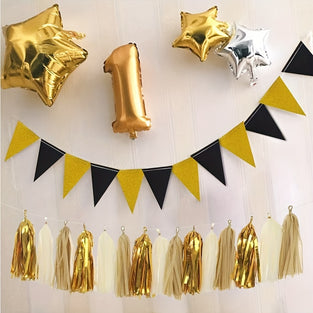 10 Flags/Set Black and Gold Triangle Banner Streamers for Wedding, Graduation Party Decorations - Paper Triangle Flag Bunting for Festive Party Background, Suitable for Ages 14+