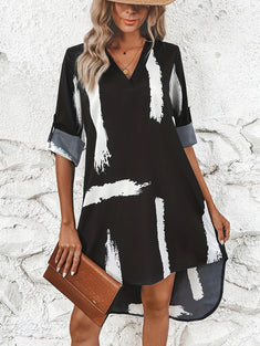 Brush Print Dipped Hem Dress, Casual Color Block V Neck Long Sleeve Dress, Women's Clothing