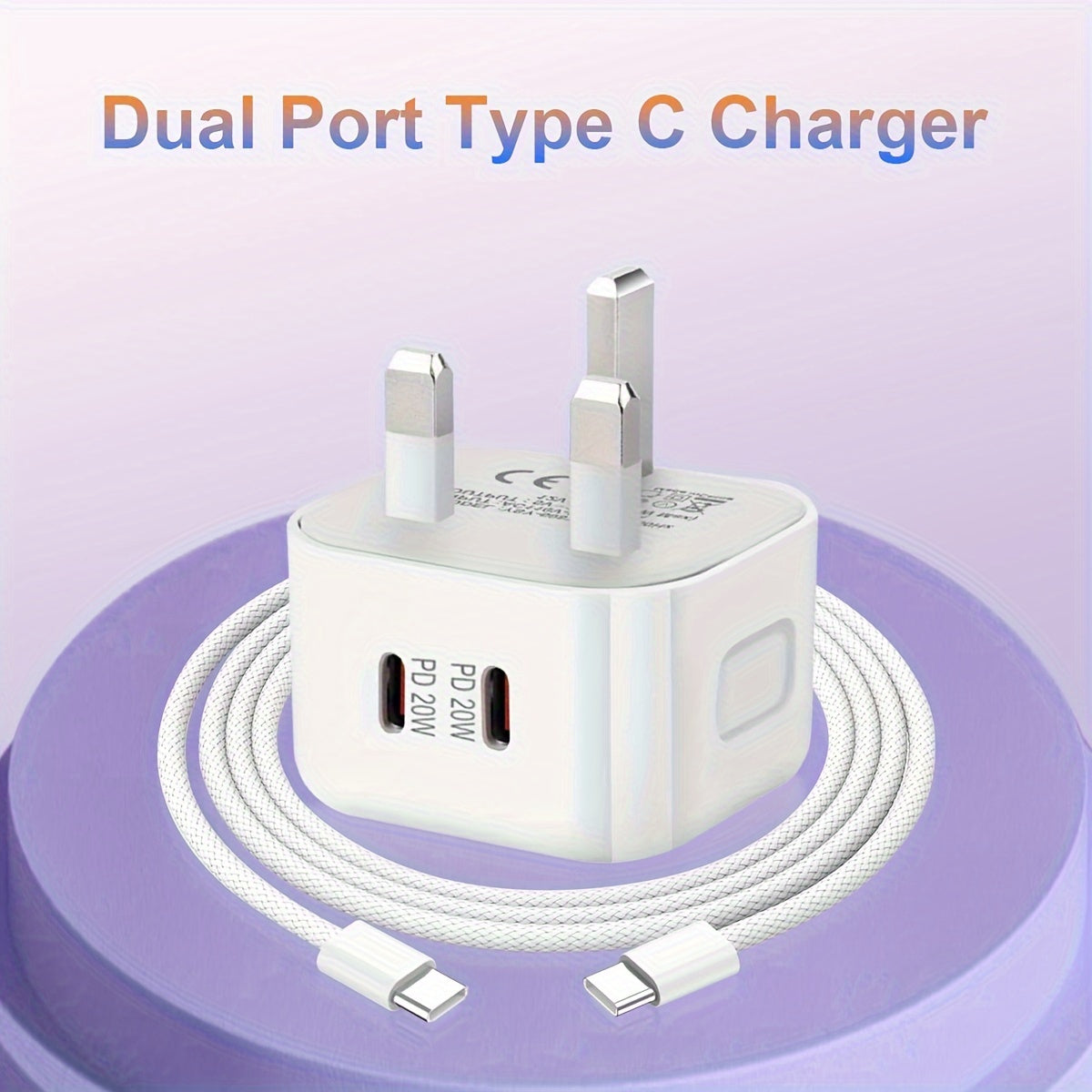 Fast Charging Dual 20W USB-C Charger for iPhone 15 with Type-C Nylon Cable - Total 40W Power Adapter