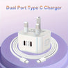 Fast Charging Dual 20W USB-C Charger for iPhone 15 with Type-C Nylon Cable - Total 40W Power Adapter