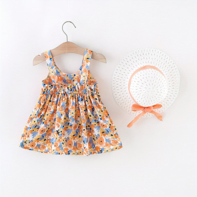 Sweet and Stylish: Puffy Cami Dress with Bow Hat for Baby Girls