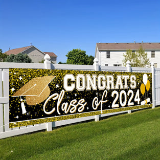 1pc Congrats Grad Banner Golden Class Of 2024 Banner Backdrop Graduation 1850.75 Meter Sign For Graduation Party Supplies Graduation Decorations 2024