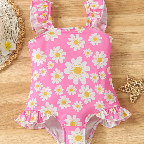 Adorable Daisy Print Girls' One-Piece Swimsuit