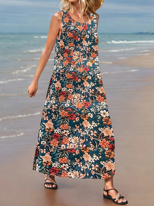 Floral Print Crew Neck Tank Dress, Vacation Style Sleeveless Dress For Spring & Summer, Women's Clothing