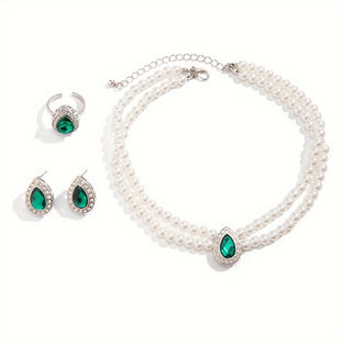 Waterdrop Gemstone Jewelry Set Earrings Necklace Ring  Elegant Trio