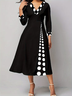 Contrast Dot Print V-neck Dress, Casual Long Sleeve Waist Dress, Women's Clothing