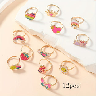 12pcs Girls Cartoon Rainbow-colored Enamel Adjustable Alloy Rings