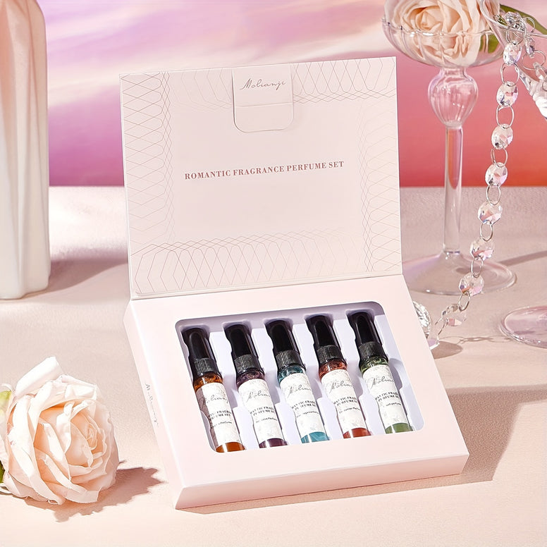 Romantic Fragrance Gift Set for Women 5 Scents Daily Variety 5ml Each Alcohol Based Perfume Sprays with Floral Notes 5-15% Concentration Elegant Date Night Scents 5 Pack