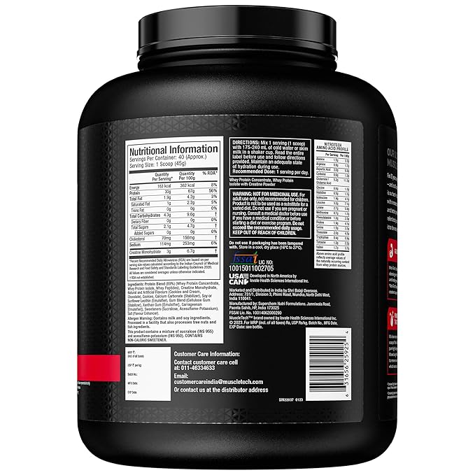 MuscleTech Nitro Tech Whey Protein 1.81kg 4lbs Cookies And Cream 30g Protein 3g Creatine Monohydrate 6.7g BCAA Ultimate Muscle Building Formula Increase Strength And Performance