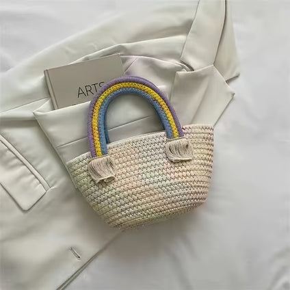 1pc, Christmas Party Bridesmaid Gift Bag Exquisite Rainbow Tote Small Bag Women's New Handmade Cotton Thread Women's Bag Straw Bag All-match Seaside Vacation Beach Bag, Small Business Supplies, Shopping Bag, Party Bag, Party Gift Bag, Craft Tote Bag